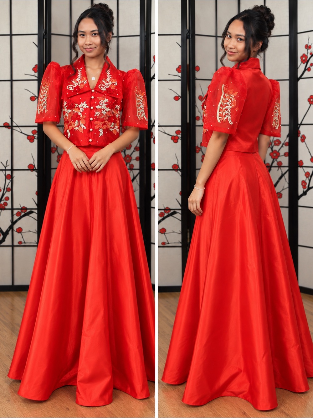 Filipiniana Red Embroidered Blouse with Satin Maxi Skirt Set